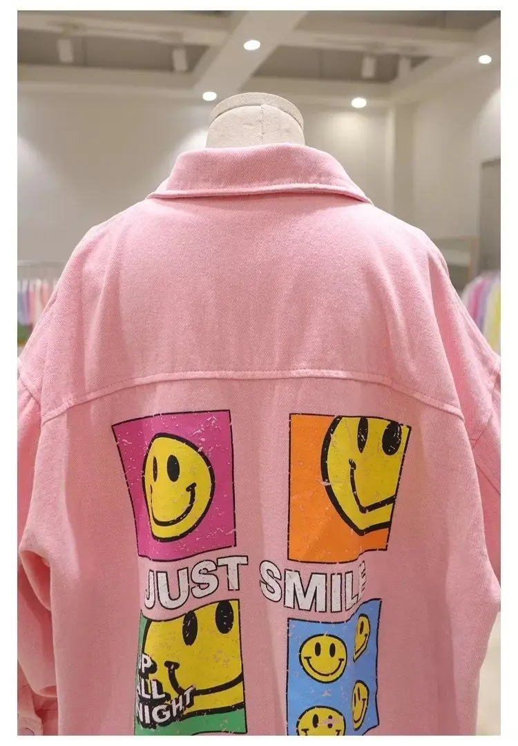 

New Women Designer Spring Long Shirts Candy Color Smile Printed Cartoon Denim Coats Ladies Street Party Blouses Nice Shirts NZ45