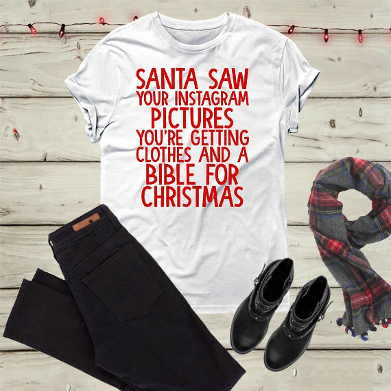 

Tumblr Hipster Tops Short Sleeve Merry Christmas Red Letter Outfits Santa Saw Your Picture Funny Christmas T-Shirt Slogan tops