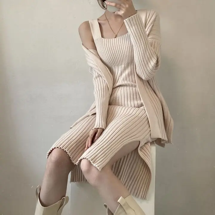 

Elegant Striped Two Piece Dress Women Split Vest Sweater Dress + Long Sleeved Open Stitch Cardigan Autumn Winter Knitted Suit