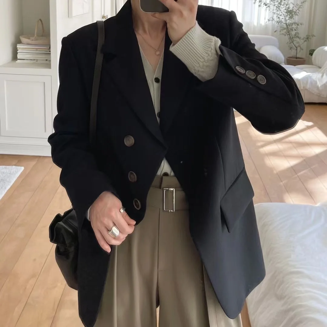 Женский винтажный черный блейзер на три пуговицы весна-осень 2021 | Женская одежда