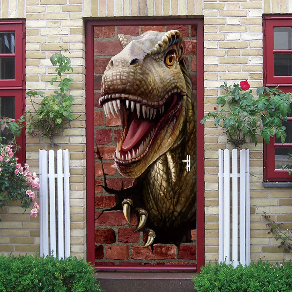 Pegatinas de puerta 3D de dinosaurio creativo, pegatinas de pared autoadhesivas, impermeables, extra&iacute;bles-2