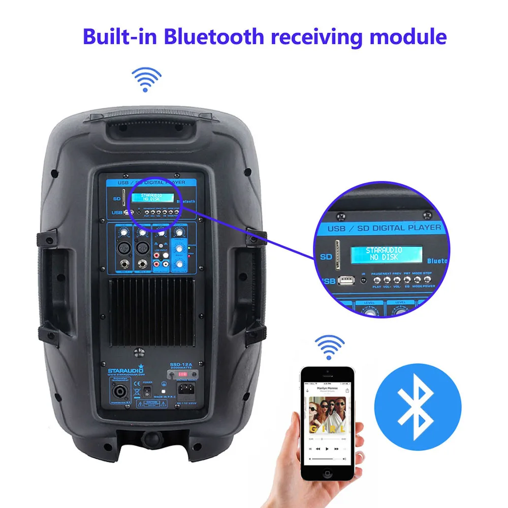 Профессиональный динамик с активным питанием Bluetooth 2 шт. 2000 Вт 12 дюймов PA DJ система