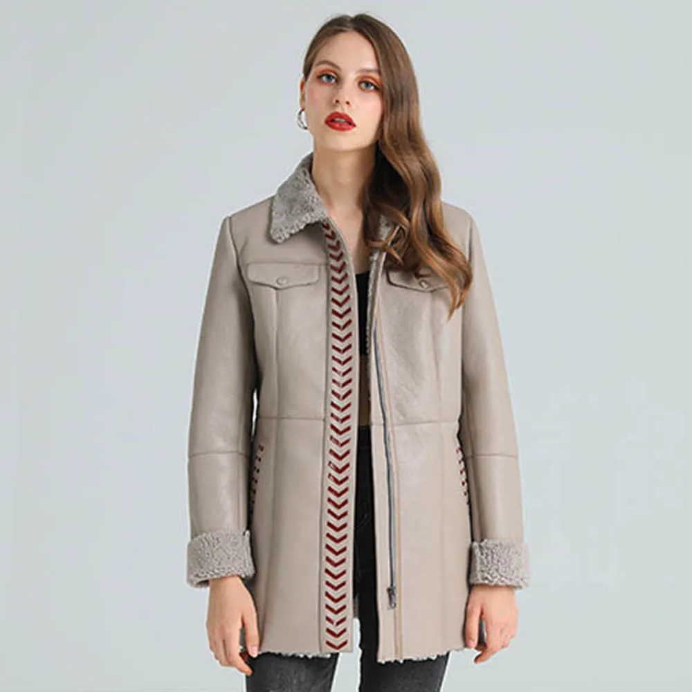 SANI 2020 Top Quality New Yellow Shearling Fur Coat Women Winter Real Fur Coat Red Real Sheepskin Jackets