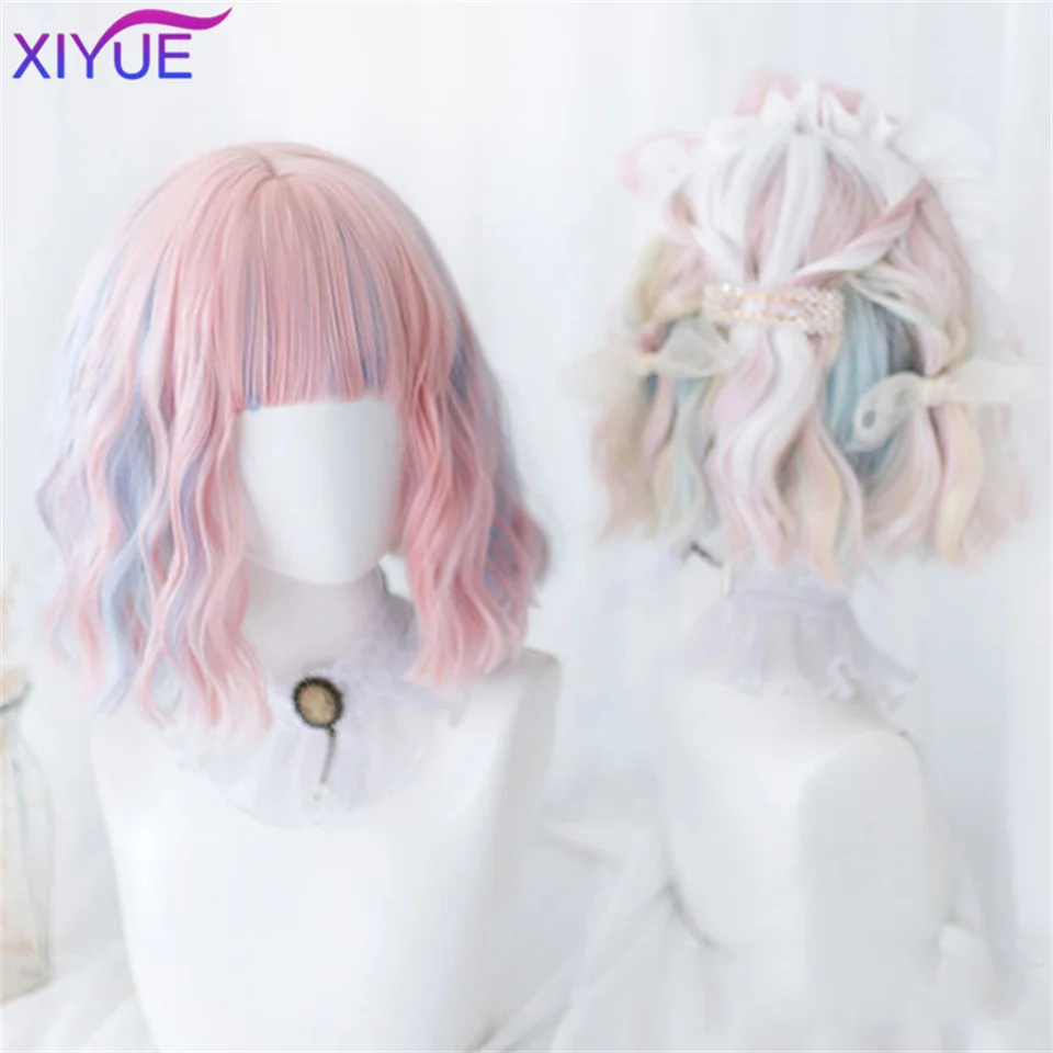 

XIYUE Ombre White Light Blue Pink Short Wavy With Bangs Hair Wig Cosplay Natural Heat Resistant Synthetic Wig for Women