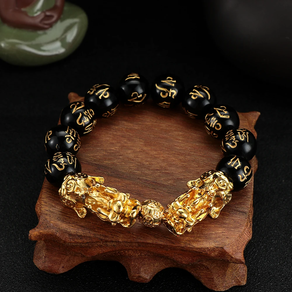 Унисекс ручного пошива браслет из обсидиана сплав богатство с золотой Pixiu