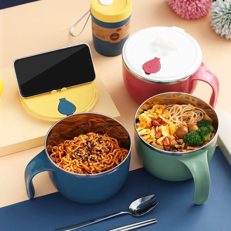 

Instant Noodles Bowl with Lid Handle Stainless Steel Soup Bowl Office Home Dormitory Tableware Fast Food Cup Portable Lunch Box