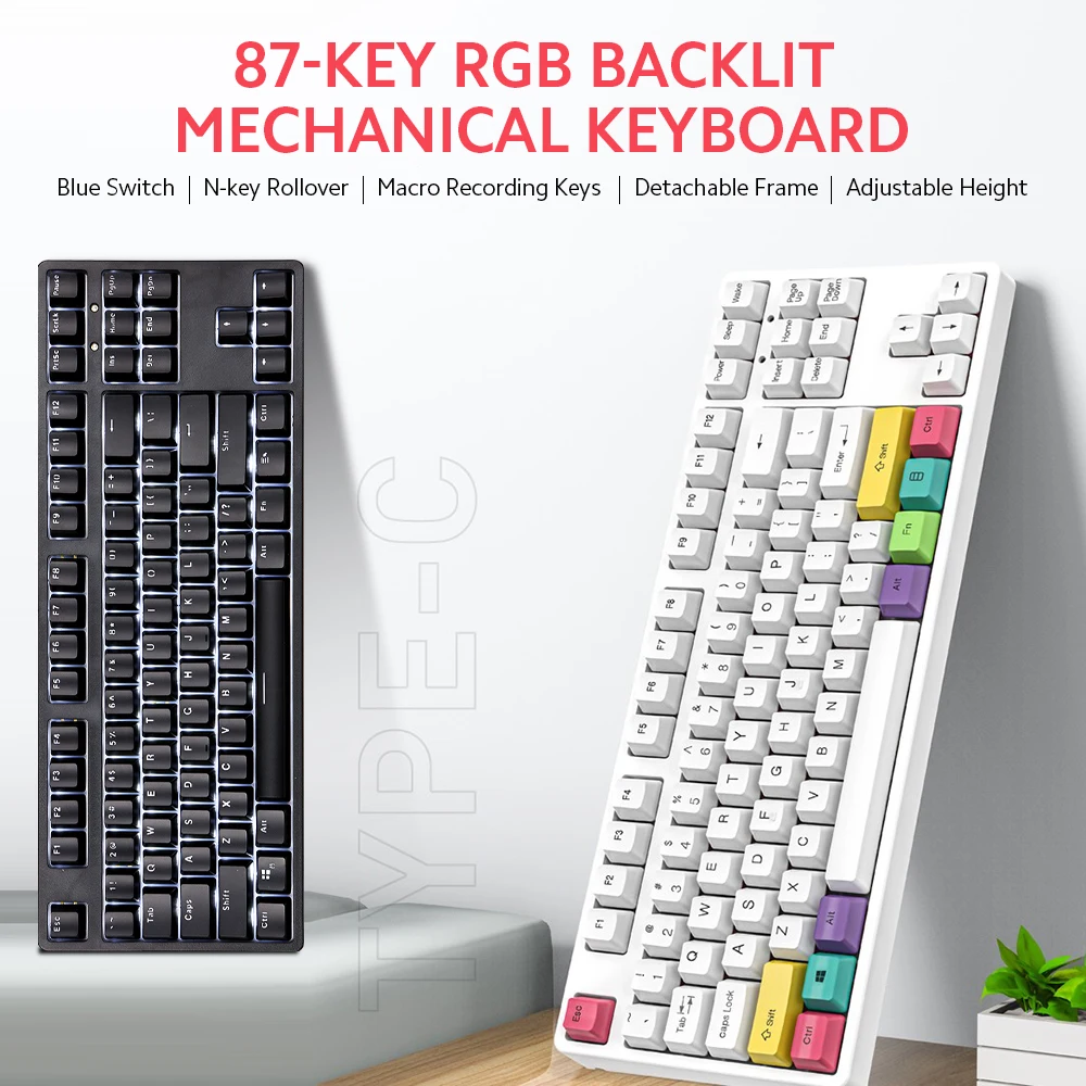 

Механическая клавиатура с RGB-подсветкой N-key Rollover/синий переключатель/клавиши для записи макросов/съемная рамка/10 черных колпачков клавиш PBT