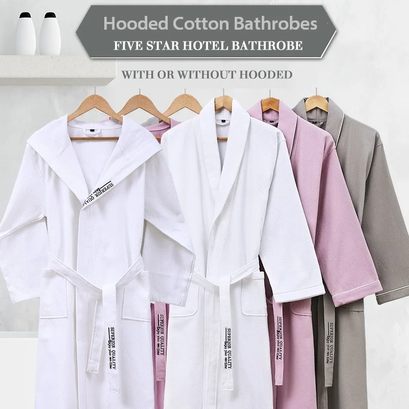 

Five-star Hotel Waffle Bathrobe Men Hooded Cotton Sleepwear Women's Robe Thin Couples Nightwear Lovers Bath Robe Dressing Gown
