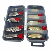 10pcs fishing metal spoon lure kit set gold silver baits sequins spinner lures with box treble hooks fishing tackle gear
