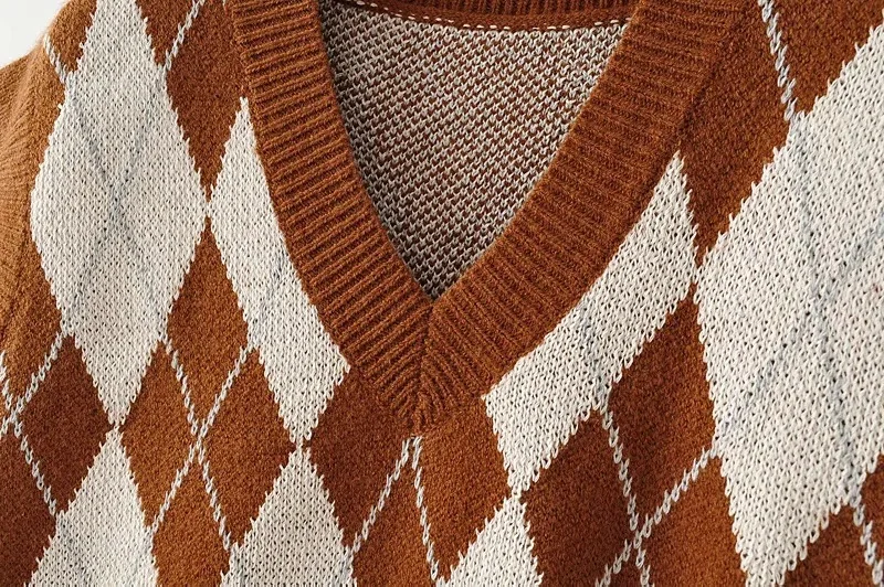 

Spring Vintage Brown Argyle Plaid Sweaters Vest Woman Knitwear Fashion Y2K Autumn V Neck Pullovers Preppy Style 90s Sweater