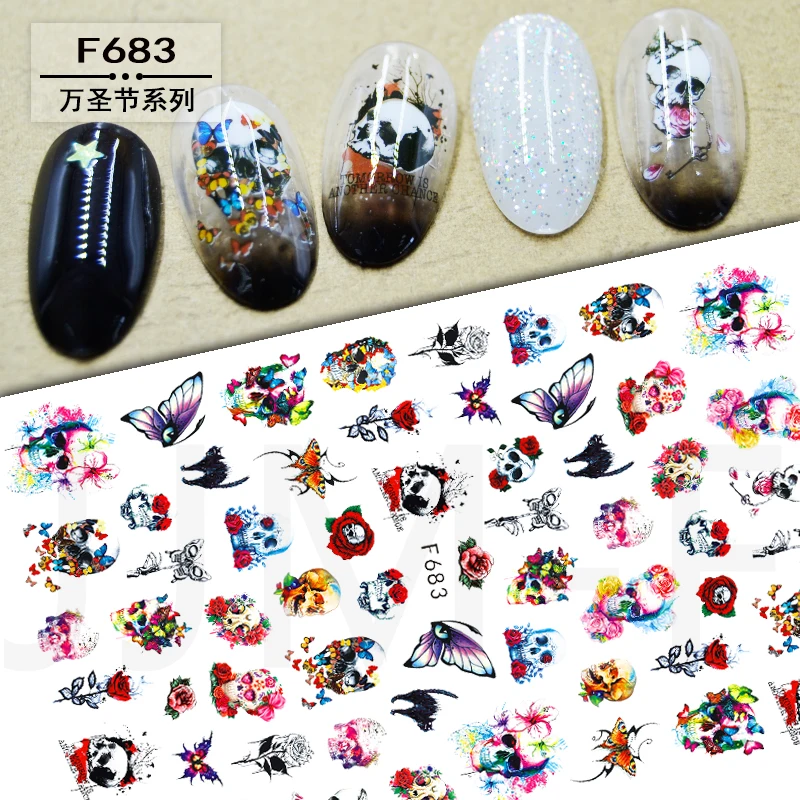 

10PCS Halloween Nail Art Sticker Pumpkin Lantern Ghost Nail Slider Rose Flower Butterfly Skull Nail Art Decoration Decal