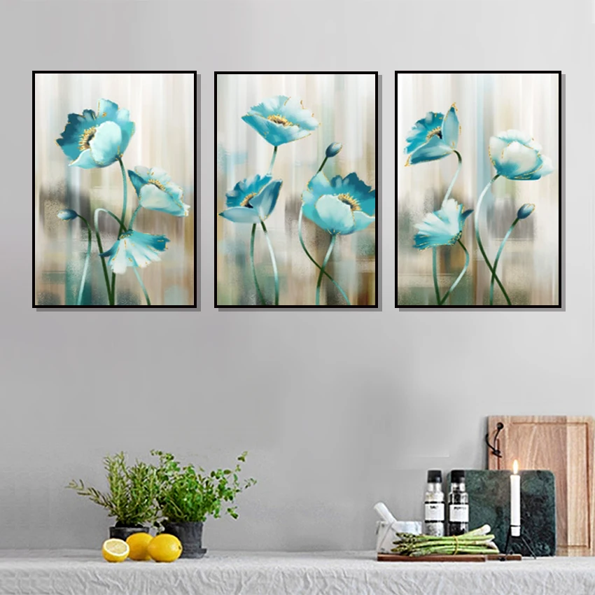 

Abstract HD Watercolor Blue Flower Canvas Painting Modern Blue Wall Art Picture For Living Room Gold Poster Print Home Decor