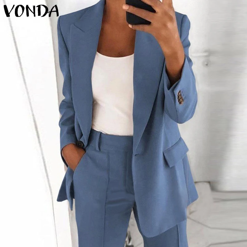 

Женский элегантный Блейзер VONDA, модные пальто 2021, повседневный жакет с отложным воротником и пуговицами, осенняя уличная одежда, стильные ку...