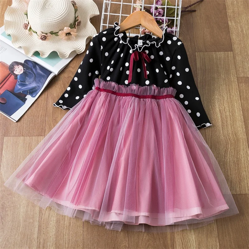 

Birthday Wedding Party Dress For Kids Polka Point Princess Costume Ball Gown Clothing Girls Autumn Winter Knit Long Sleeve Dress