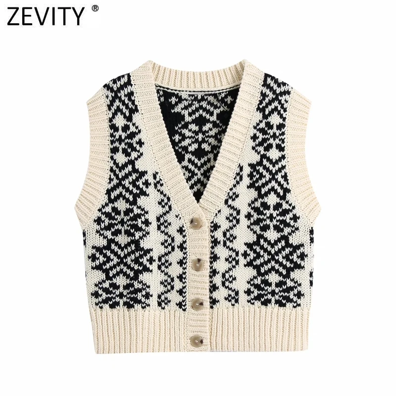 

Zevity 2021 Women Fashion V Neck Printing Breasted Knitting Sweater Ladies Sleeveless Casual Slim Vest Cardigans Tops S602