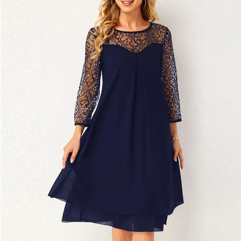 

Женское шифоновое платье-трапеция, Повседневное платье с рукавом три четверти и блестками, с круглым вырезом, весна-лето 2022