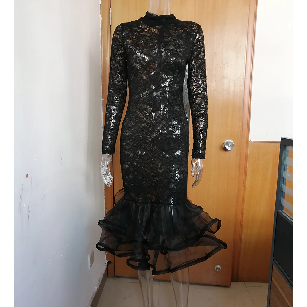 Women Spring Sexy Bodycon Lace Dress Long Sleeve Turtleneck Hollow Out Ruffles Mesh Dresses Night Club Party Elegant Vestidos | Женская