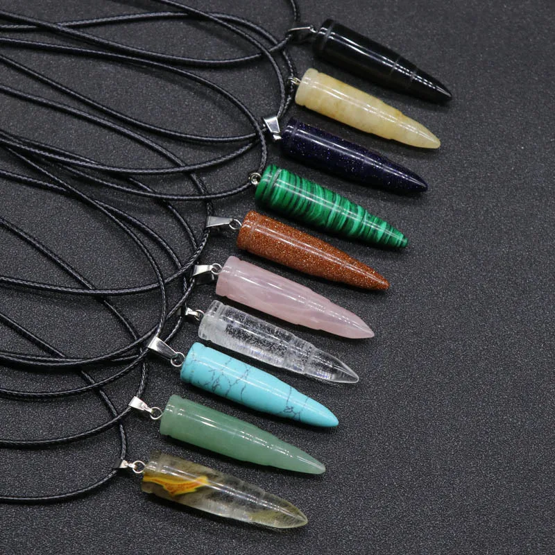 

1pc Natural Agate Crystal Bullet Head Shaped Pendant Rose Quartz Clear Malachite Stone Turquoise Carved Necklace Gift