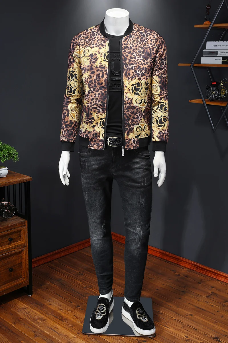 

Gold Leopard Luxury Print Men's Jacket Baroque Bomber Jackets Slim Fit Zipper Coats Outerwear Windbreaker Jaqueta Masculina