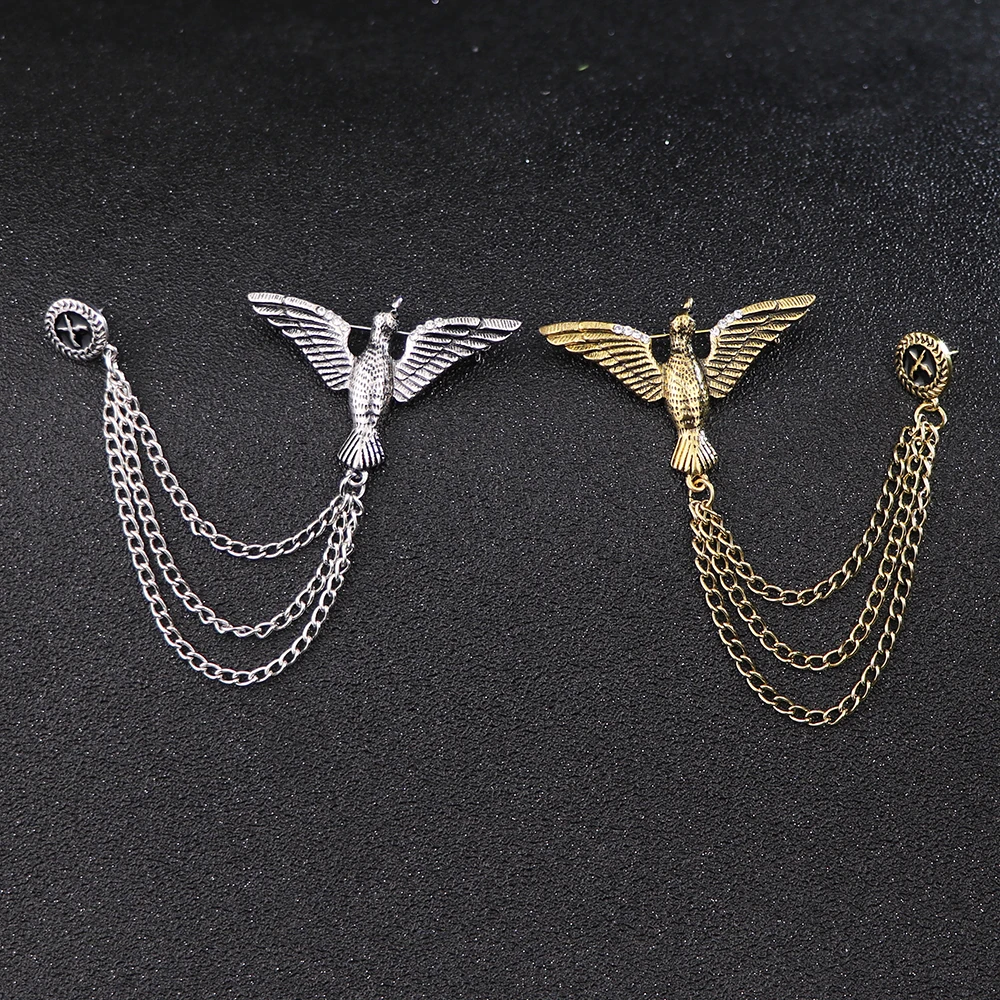 i-Remiel Retro Tassel Chain Bird Brooch for Men's Suit Seagull Eagle Angle Wing Pins and Brooches Shirt Collar Accessories