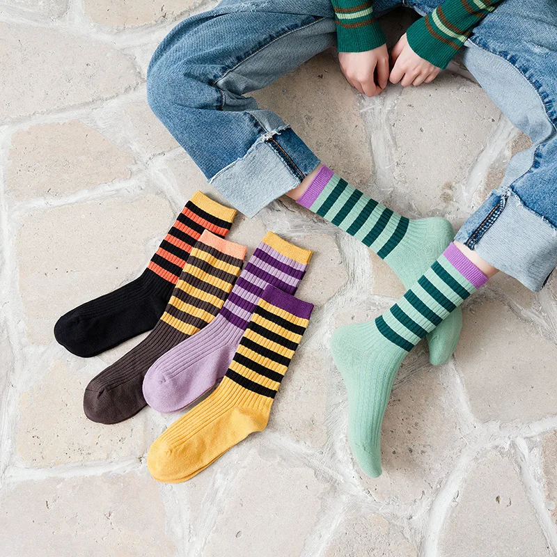 

New Fashion Autumn Winter Soft Cotton Stripe Patch Color Sunny Breathe Freely Street Casual School Girl Tube Elastic Loose Socks