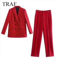 traf za trouser suits autumn classic simple solid double breasted jacket woman clothes high waist trousers two piece set women