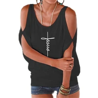 jesus cross print women t shirt christian tops harajuku faith love hope graphic sexy off shoulder batwing lace up top tees