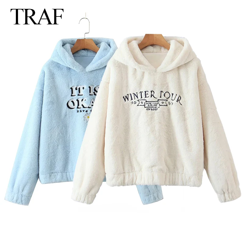

TRAF ZA 2021 Women Hoodies Thicken Furry Fashion Letter Print Sweatshirts Long Sleeve Casual Cute Loose Hooded Pullover Chic Top