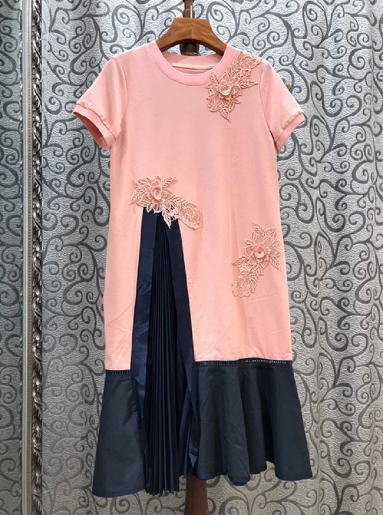 

Fashion 2021 Summer Grey Pink Dress High Quality Women Appliques Embroidery Short Sleeve Mid-Calf Length Casual Cotton Dress XL