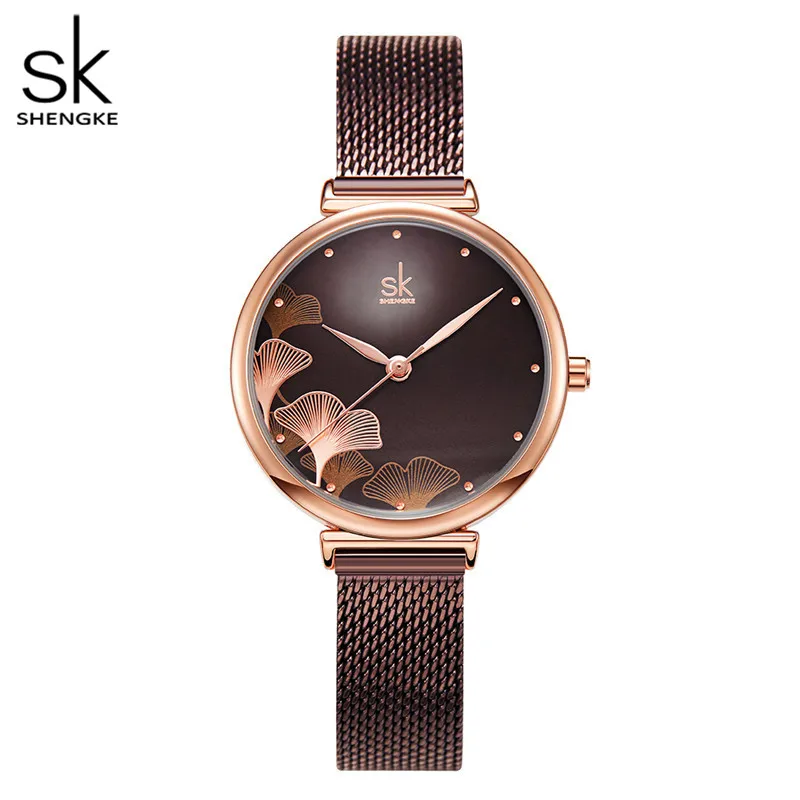 Shengke New Design Women Watches Elegant 32MM Dial Coffee Mesh Band Reloj Mujer Japanese Quartz Movement Luxury Relogio Feminino