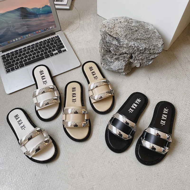 

Female Shoes Ladies' Slippers Glitter Slides Summer Clogs Woman Rivet 2021 Jelly Flat Beach PU Metal Decoration Crystal Rubber