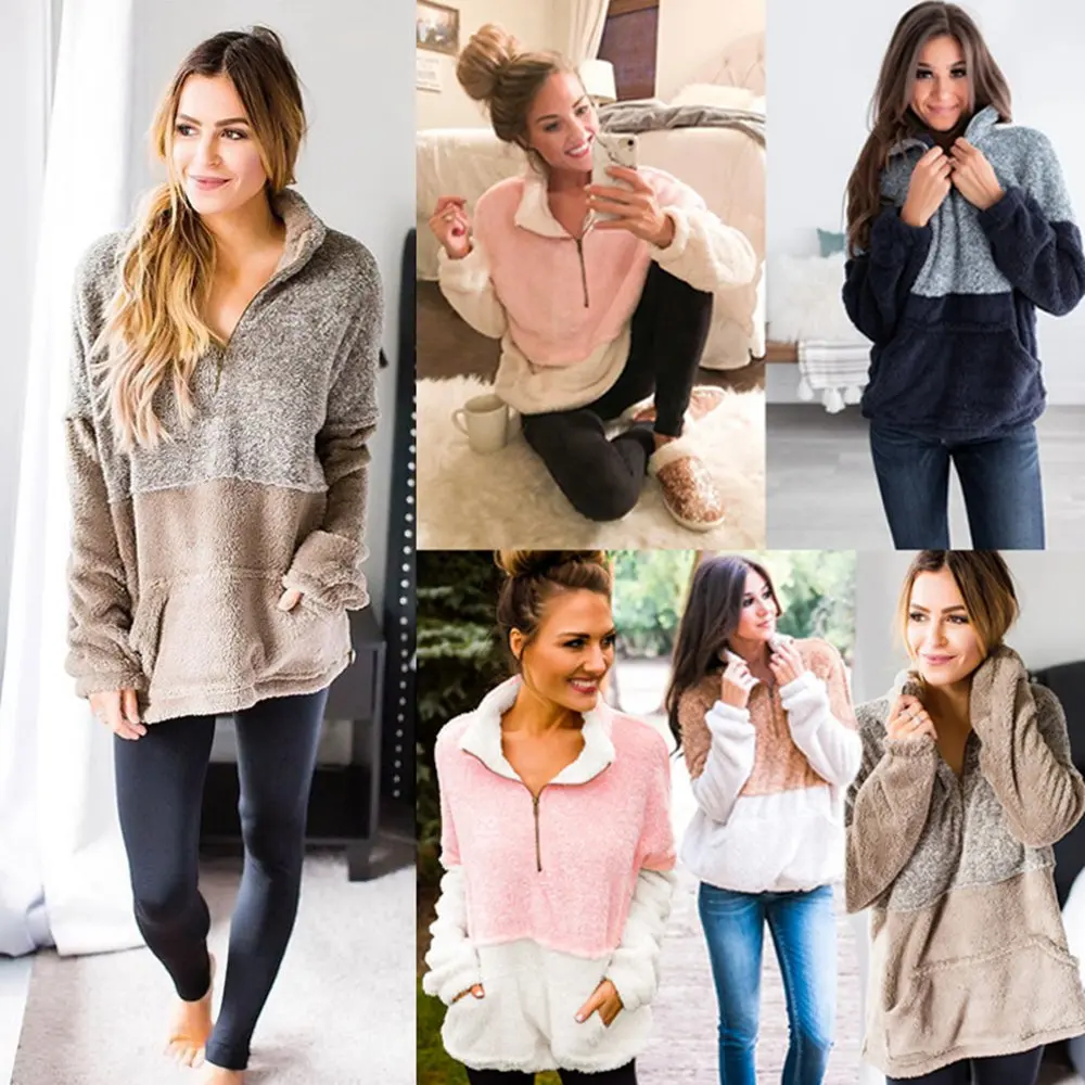 2019 Casual Streetwear Women Pullover Sweatshirt Front Zipper Autumn Warm Patchwork Coat Female Stitching Fur Pocket Hoodies | Женская