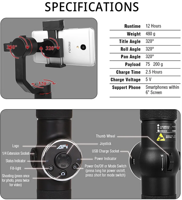 AFI V5 3-осевой ручной шарнирный стабилизатор для камеры Gopro смартфон для iPhone Xs Max Xr X, 8 Plus, 8, 7, 6 samsung S9 S8 Gopro экшн Камера
