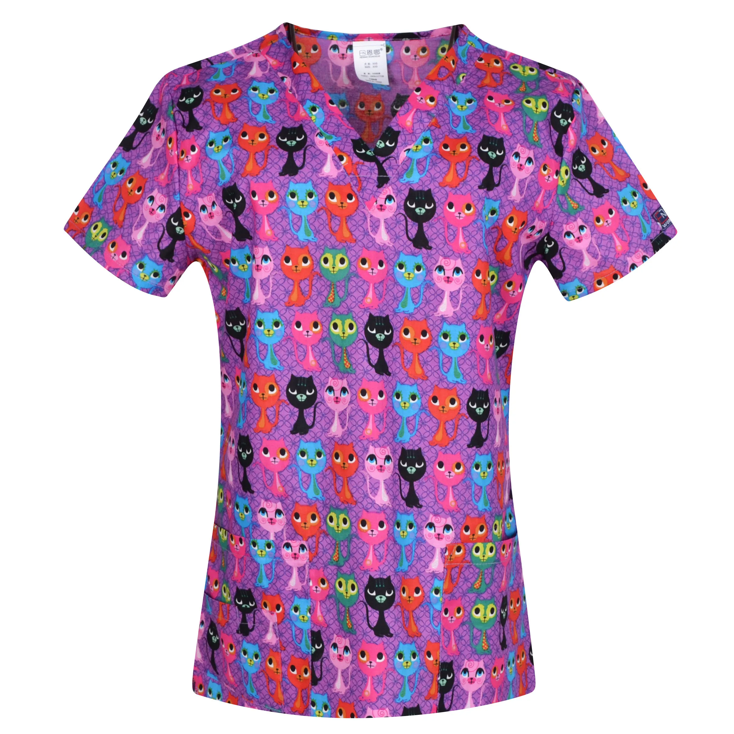 NEW Hennar Women Scrub Top With V-Neck 100% Cotton Print scrub Uniforms Nurse Scrub Tops For Women