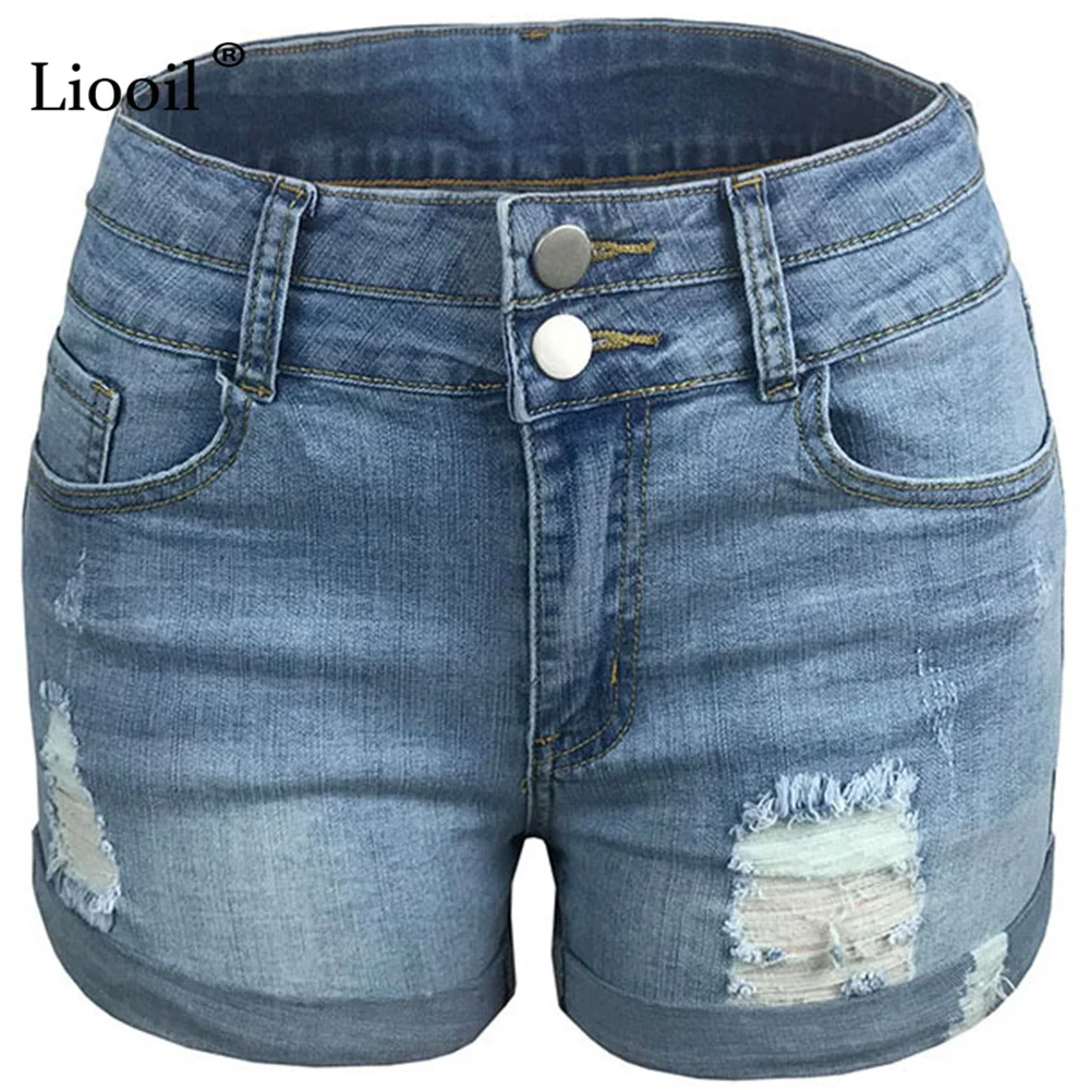 Женские джинсовые шорты с завышенной талией эластичные Рваные на пуговицах и