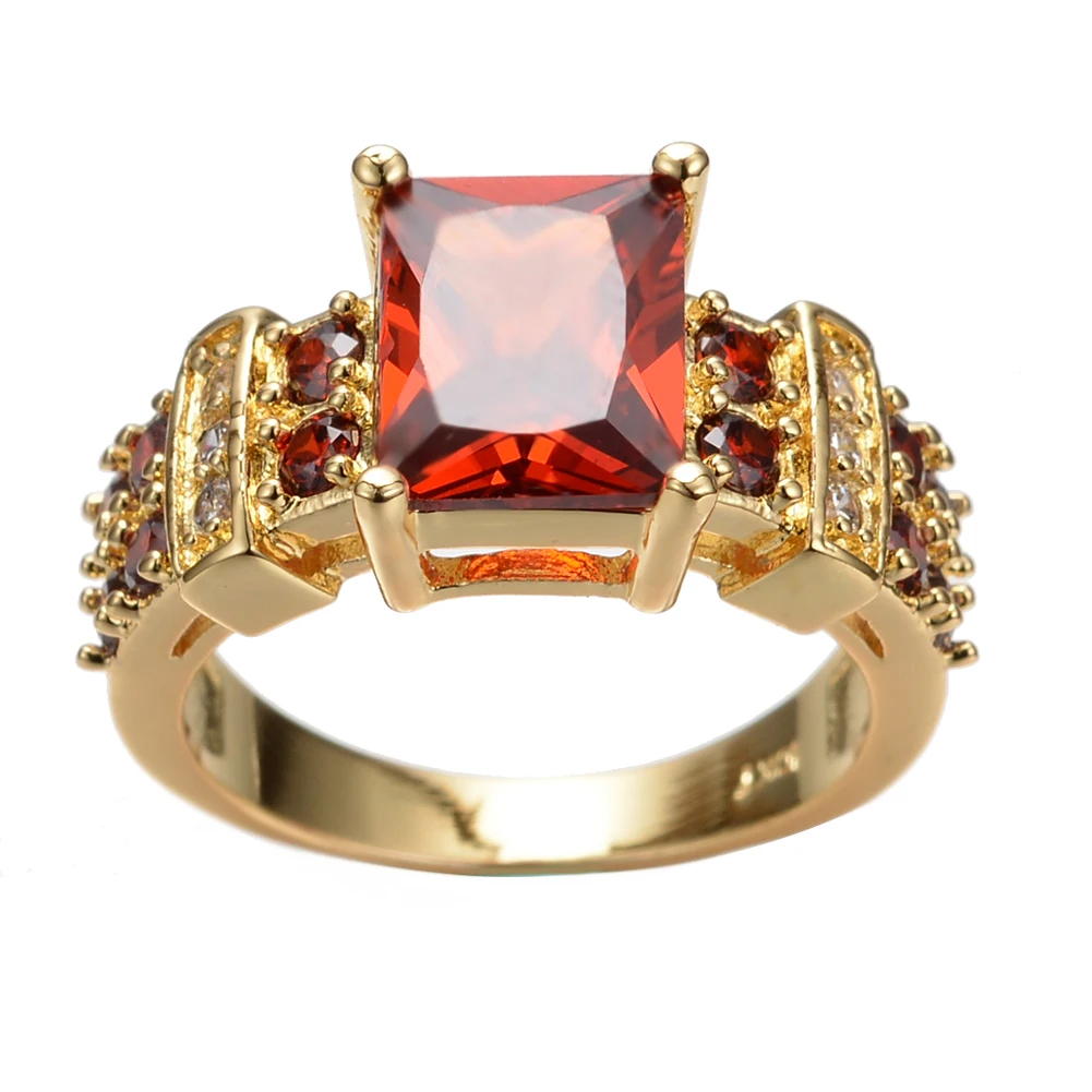 

Vintage Female Red Crystal Jewelry Charm Gold Color Big Wedding Rings For Women Luxury Square Zircon Stone Engagement Ring