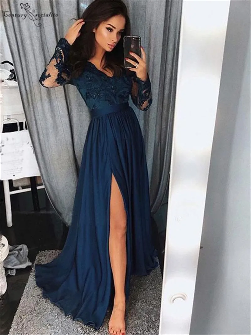 Side Split Bridesmaid Dresses Long Sleeves Lace Appliques Beaded Zipper Chiffon A-Line Wedding Guest Gowns Maid of Honor Dress - Цвет: same as picture