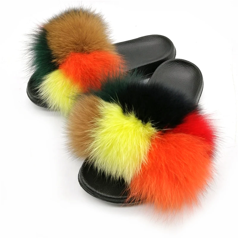 Сланцы женские из натурального лисьего меха домашние шлепанцы пляжные сандалии