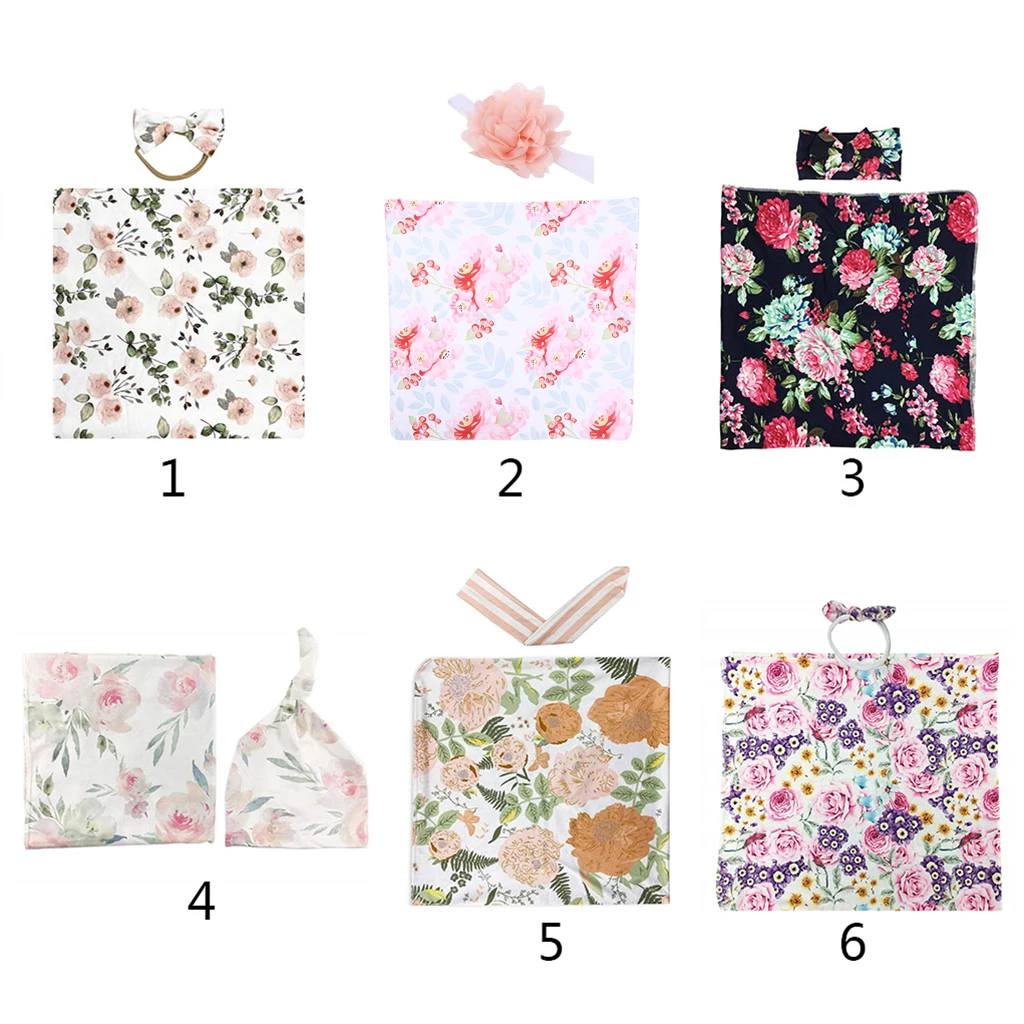 

2 Pcs Newborn Floral Swaddle Wrap+ Headband Set Baby Cotton Receiving Blanket null