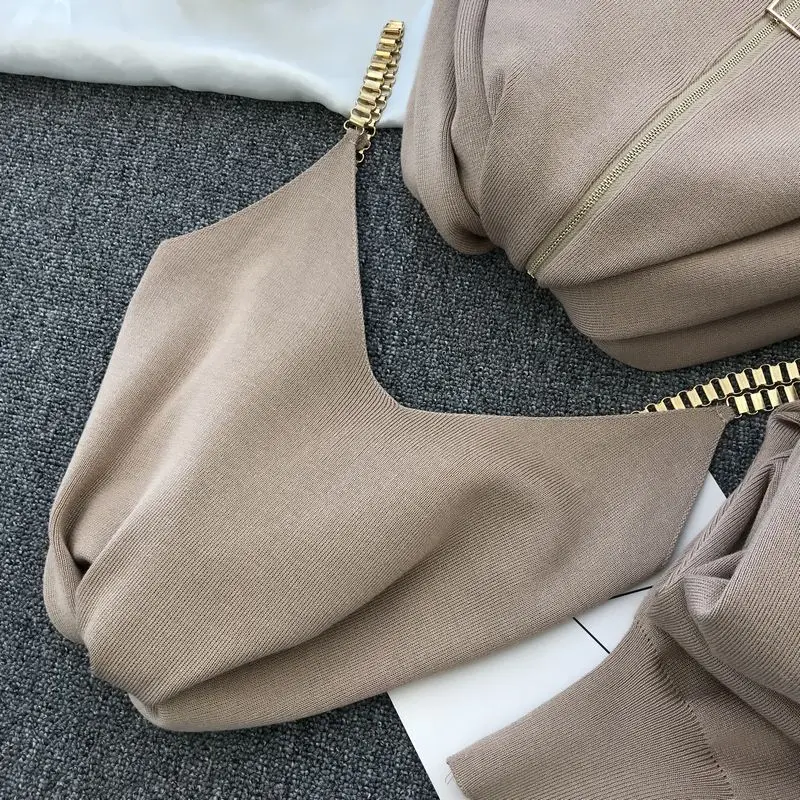 

Women Zipper Knitted Cardigans Sweaters + Pants Sets + Vest Woman Fashion Jumpers Trousers 2 PCS Costumes Outfit