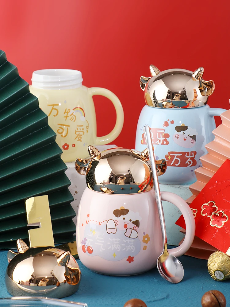 

Year of the Ox Mug Children Student Water Cup Cartoon Ceramic Coffee Cup With Lid Spoon Sealed Big Belly Cute Home
