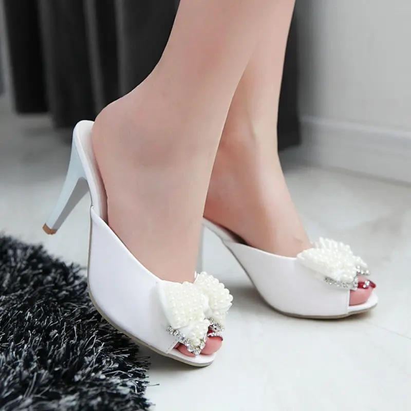 Женские сандалии с бантиком MAZIAO модные шлепанцы на высоком каблуке со стразами