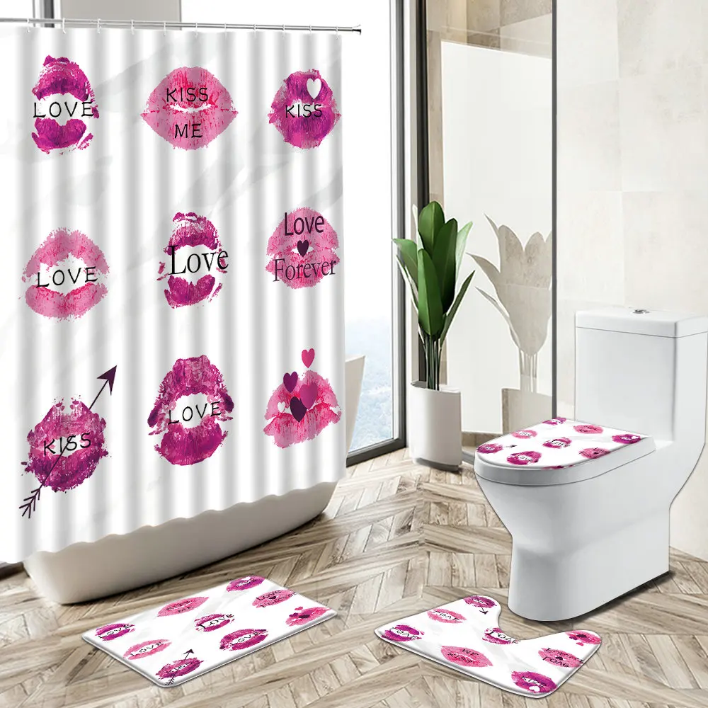 Comprare Love Kiss Red Lip Print Tenda Da Doccia Fashion Girl Decorazione Del Bagno Tappeto Antiscivolo Coperchio Del Coperchio Del Water Flanella Tappetino Da Bagno Set Regalo
