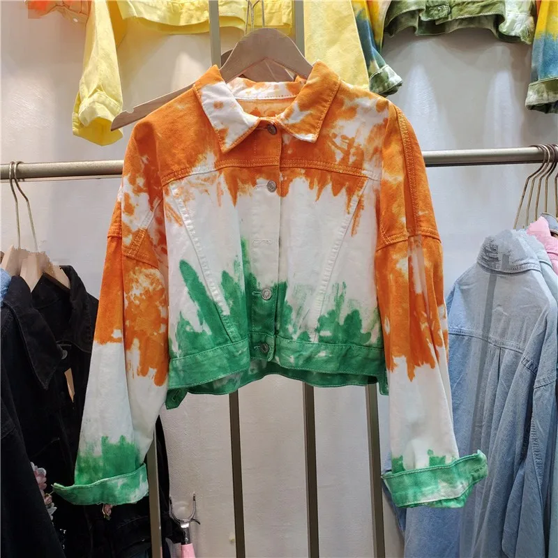 

Autumn Tie-dye Printed Gradient Short Denim Jacket Women Lapel Long Sleeve Harajuku Jeans Jacket Female Casual Jaqueta Feminina