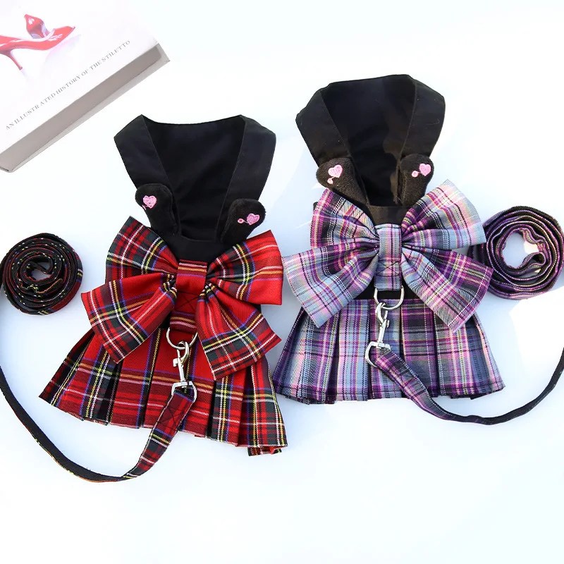 

College Plaid Dog Dresses Harness Leash Suit Small Dog Clothes Ropa Perro Chihuahua Skirt Cute Bow-knot Puppy Dress Pet Clothes