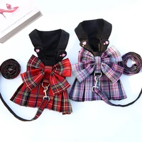 college plaid dog dresses harness leash suit small dog clothes ropa perro chihuahua skirt cute bow knot puppy dress pet clothes