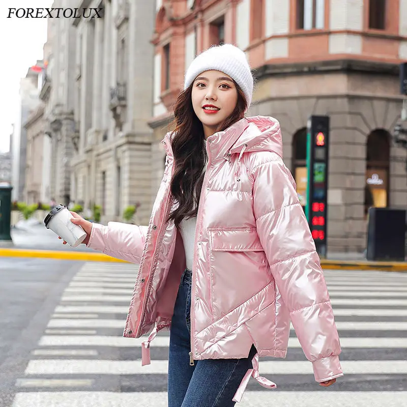 

Shiny Hooded Cotton Padded Winter Women Jacket Warm Thick Zipper Glossy Overcoat Fashion Parka Female 2021 New Arrival
