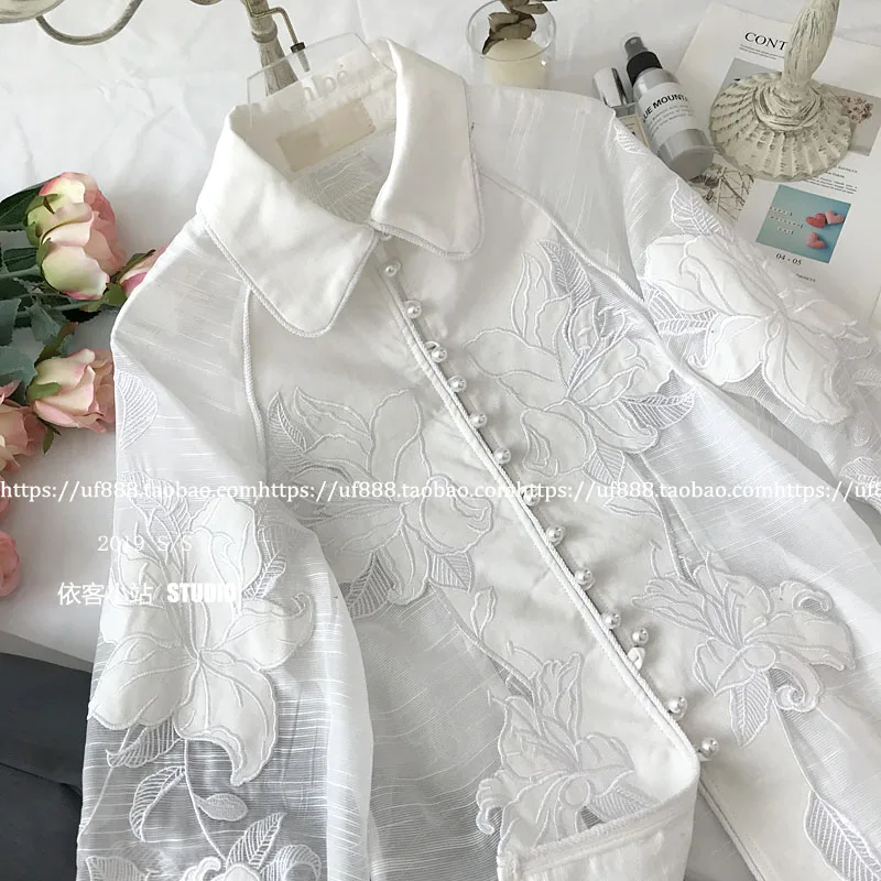 Новая весенняя женская элегантная рубашка с цветочной вышивкой и жемчужинами