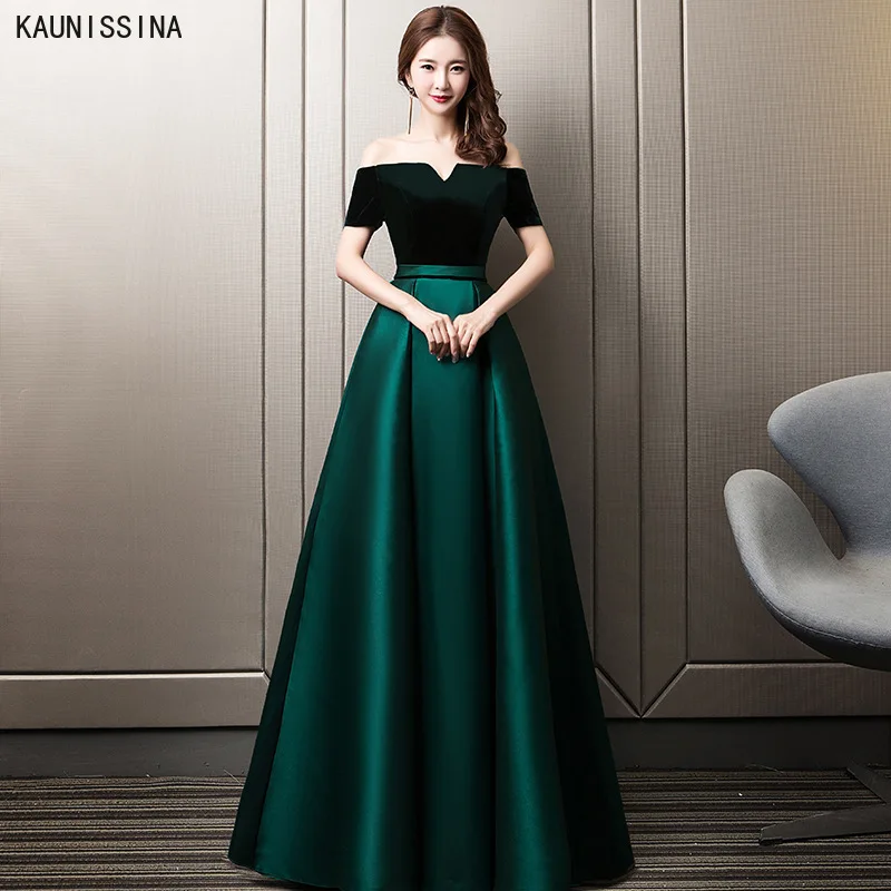 

KAUNISSINA Satin Evening Dresses A-Line Off the Shoulder Pockets Elegant Party Formal Long Dresses Vestidos De Fiesta De Noche