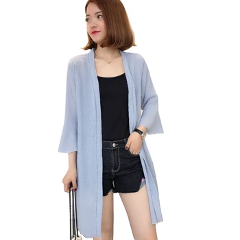 Flare Sleeve Sling Chiffon Blouse Slim Cardigan Women Casual Long Shirt Summer Beach Sunscreen Tops 1